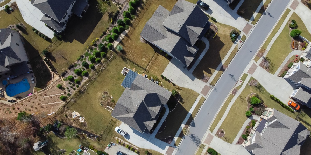 A eagle eye view of a suburban neighborhood